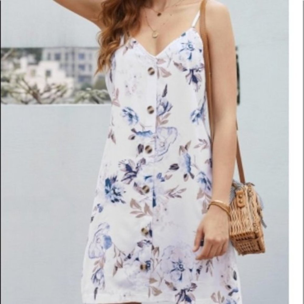 Boutique White & Blue Floral Skater Summer Dress